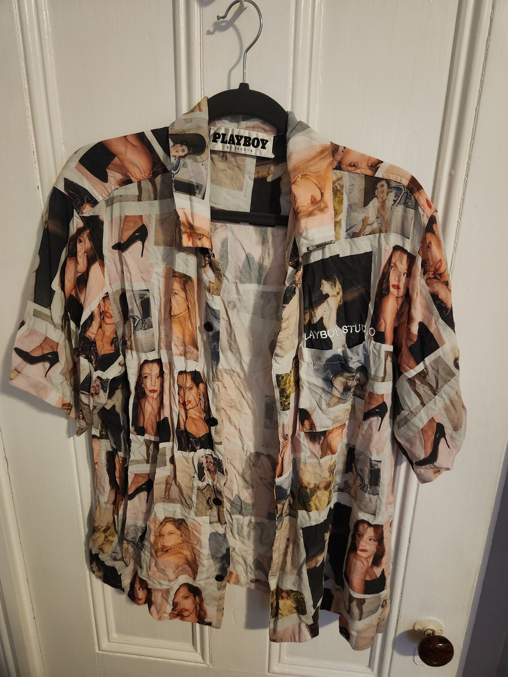 PLAYBOY Photo Collage Short Sleeve Button-Front Shirt - Black, White, Beige
